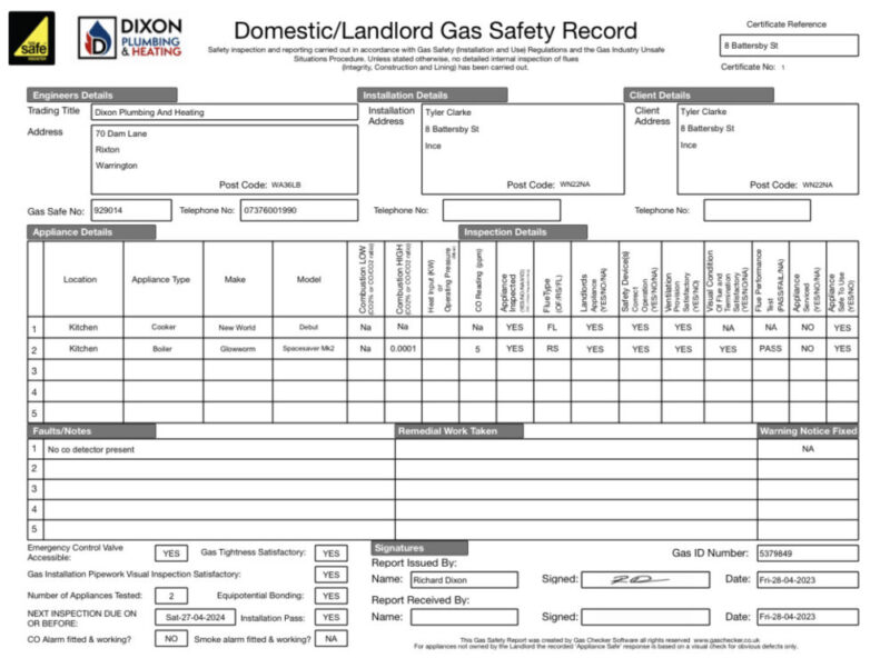Gas safety certificate Warrington